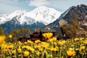 Chalet Jardin d'Angèle | ©Courchevel Tourism, mountain village, flowers and snowy mountains